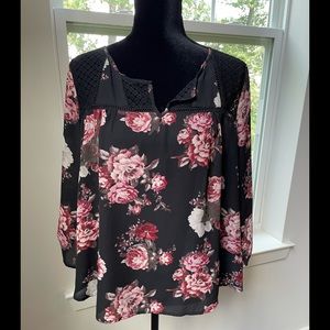 REWIND Beautiful Black Sheer & Flowy Blouse with Roses - Size XL